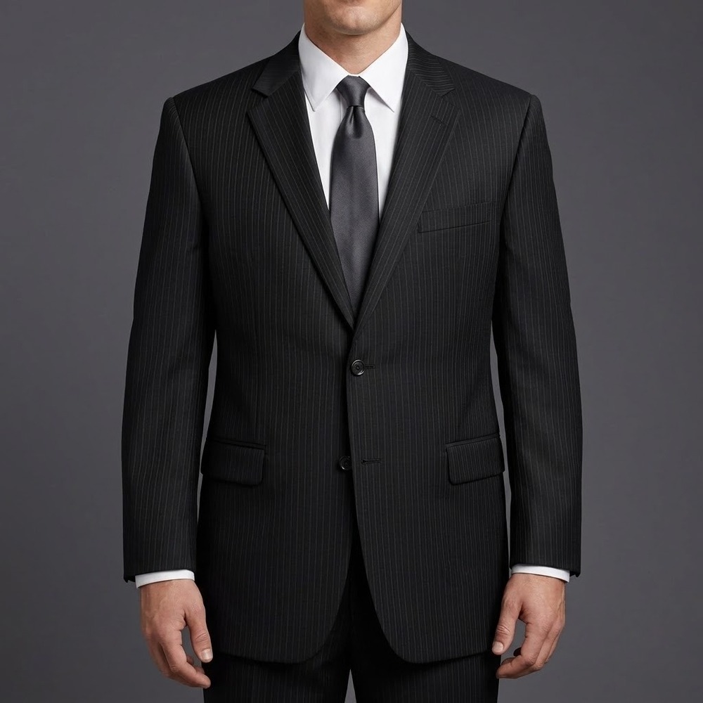 Jos A Bank Signature Suit Jacket Mens 46L Black Pinstripe 100% Wool Gordon EUC